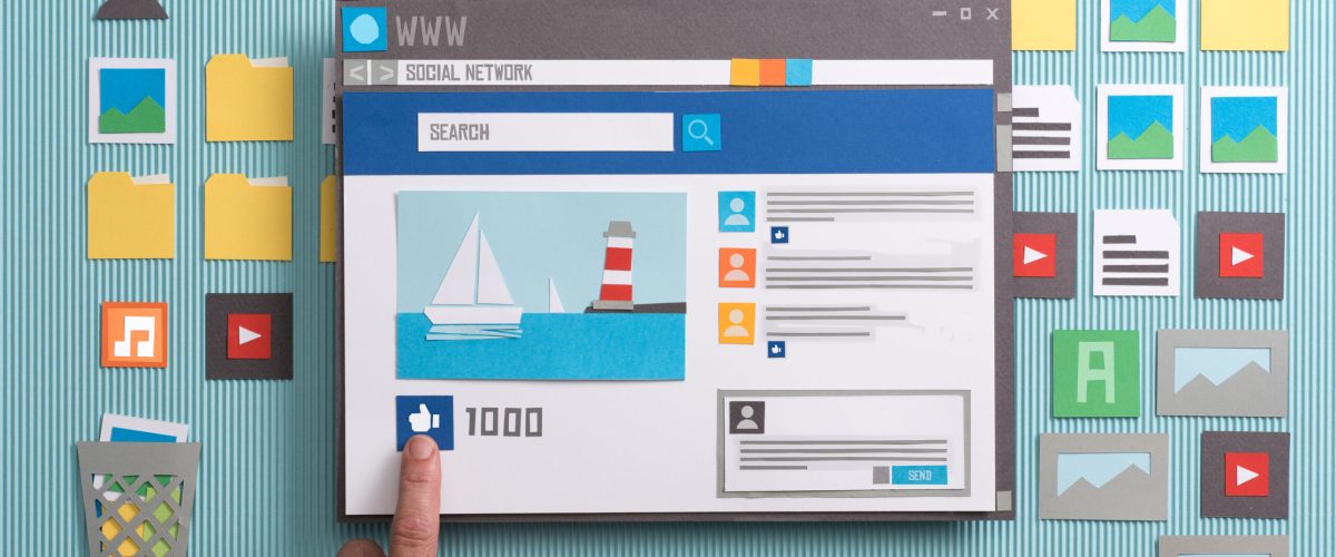 Social media post with comments in a browser window, a user is pressing the like button: social networks and community concept, collage and paper cut composition